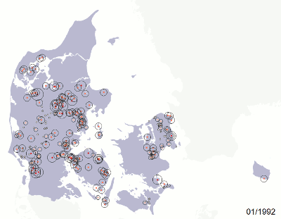 Manganese concentrations in drinking water of Danish public water supplies 1992-2012. Size and location of flashes refer to an individual sample taken at the respective waterworks.